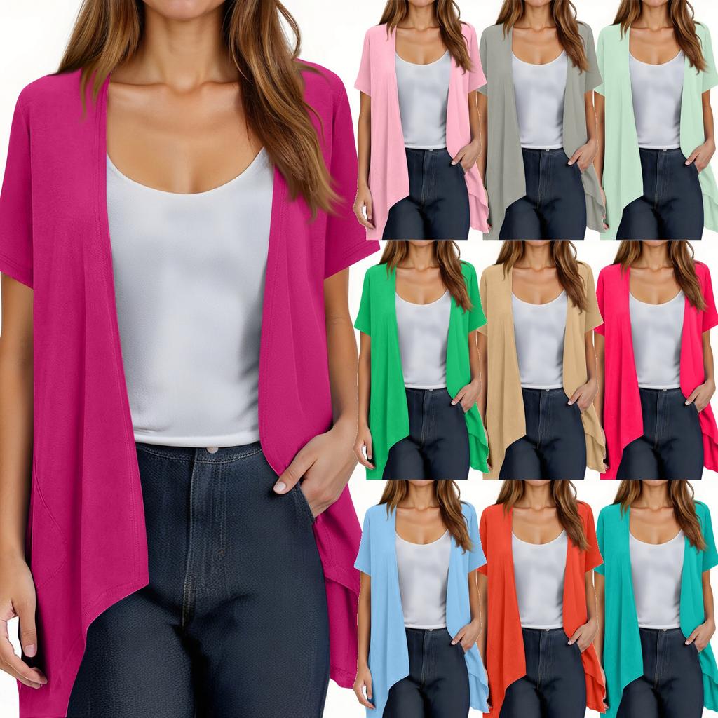 Women's Fashion Solid Color Irregular Hem Short Sleeve Cardigan Pocket Jacket