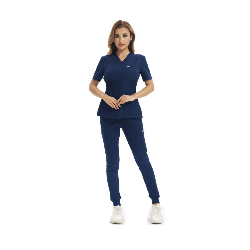 

V-neck Stretch Hand Washing Clothes Nurse Short-sleeved Suit Dental Beauty Salon Overalls XXL Темно-синій