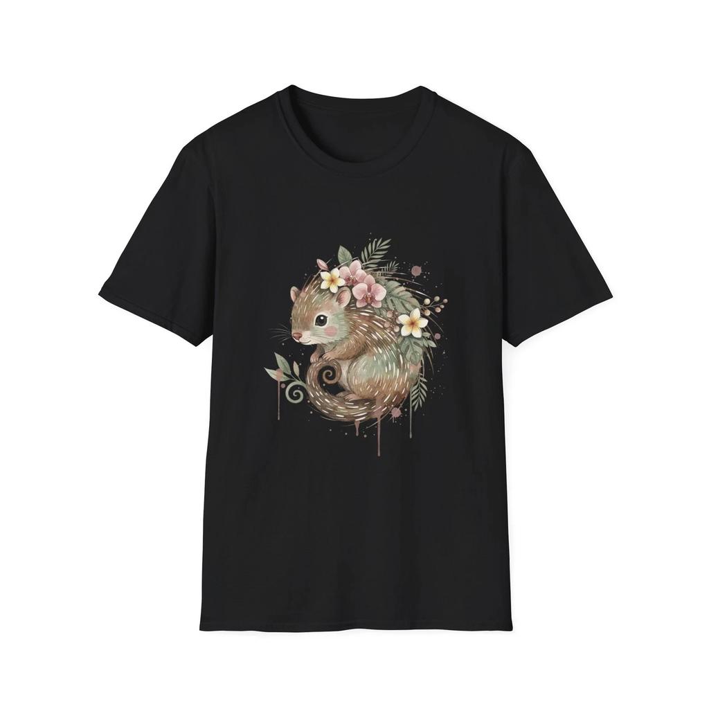 Cute Porcupine Floral Watercolor Boho Black Tee Nature Print T-Shirt