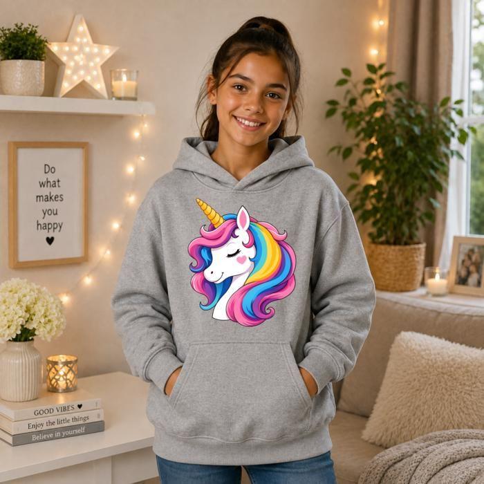 Girl's Hoodie - Rainbow Unicorn Pattern - 3 To 14 Years - Grey