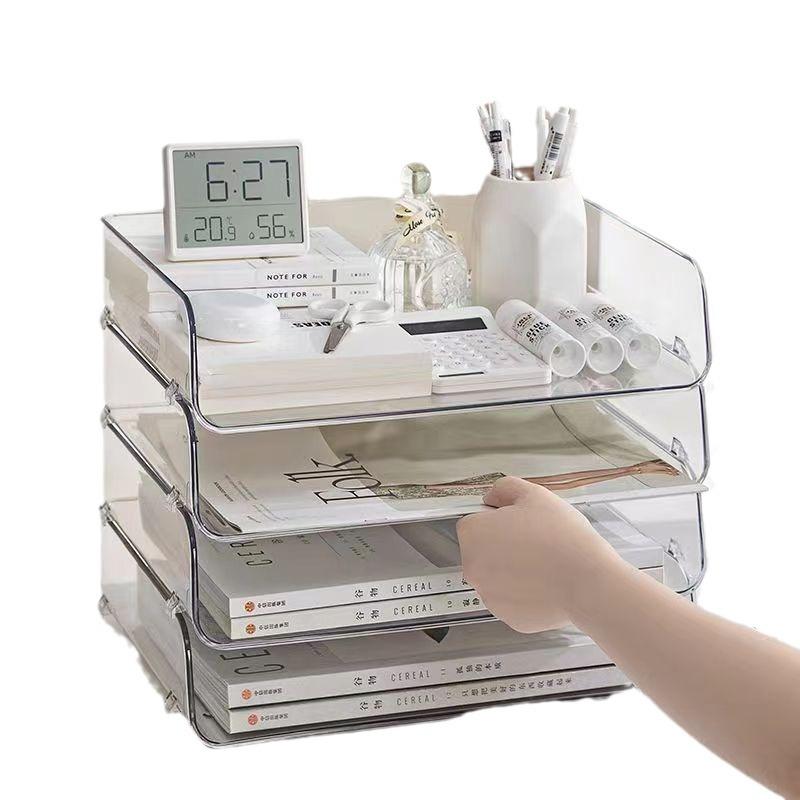 Simple Large Capacity Desktop File Tray Transparent Stackable Paper Holder Shelf A4 Document Paper Organizer Home Office