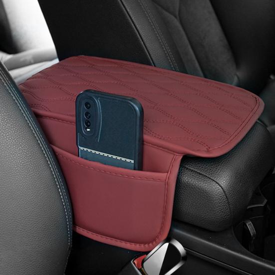Car Armrest Cushion Center Console Protector Pad with Storage Pocket Faux Leather Heightening Armrest Pillow for Most Cars