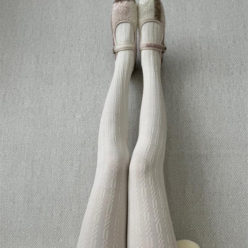 Vintage Chain Twist Striped Pattern Cotton Tights for Women Breathable Leggings Spring Fall Opaque Pantyhose Stockings