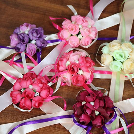 Wrist Flower Vivid Pattern Fake Pearl Ribbon Cloth Pretty Bridal Flower Bracelet for Wedding