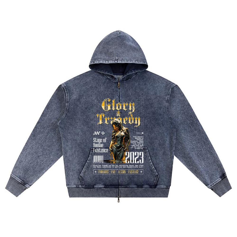 

DTG print Knitted Denim Zip-Up Hoodie Glory & Tragedy Brother Print Zipper Hoodies XL темно-синий