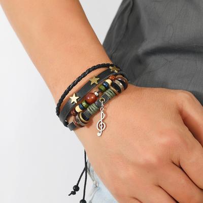 Beaded Leather Vintage Bracelet Alloy Musical Note Leather Bracelet