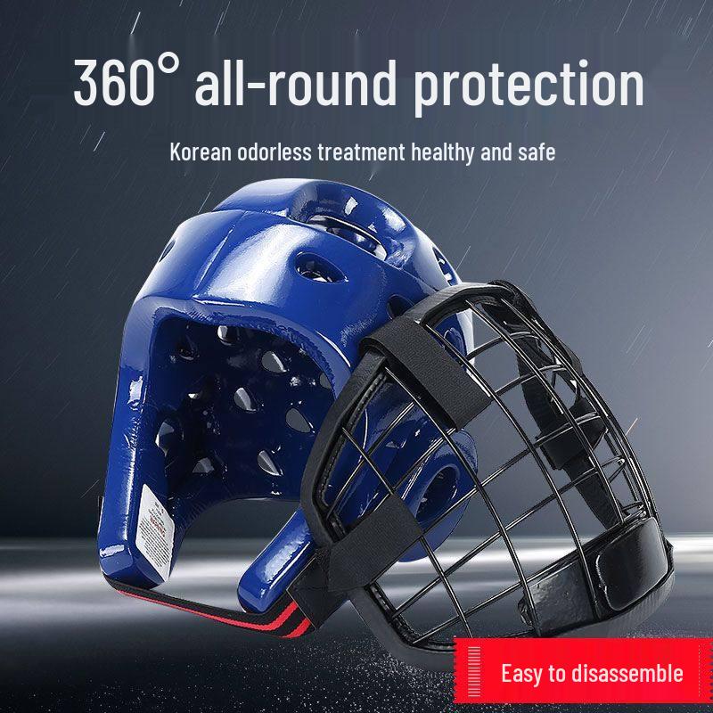 Karate Taekwondo Helmet with Iron Mesh Face Shield and Double Section Staff for Self-Defense