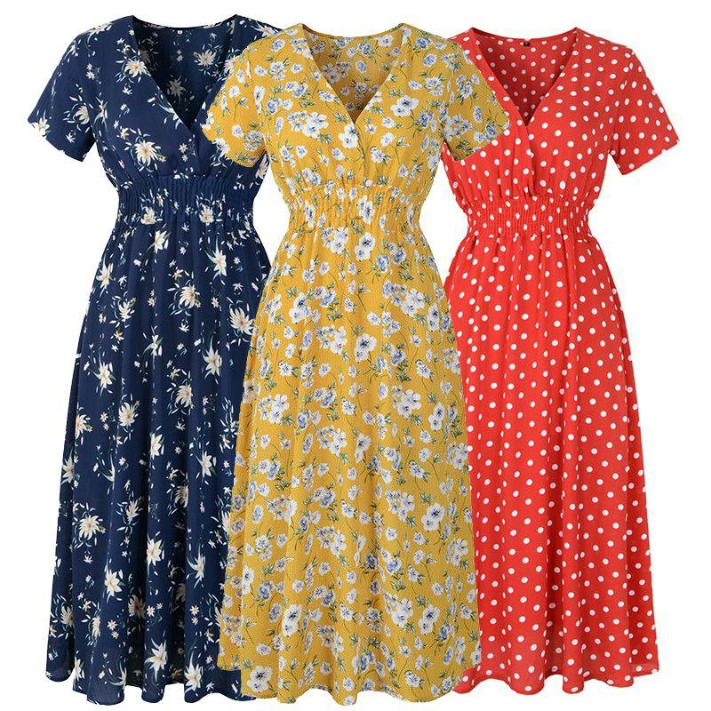 Women Neck V Boho Floral Midi Dress Short Sleeve Summer Beach Sundress Casual