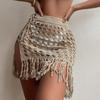 Damen Strick-Sarongs Cover-Ups Einfarbige Durchbrochene Durchsichtige Quasten Mini-Strandröcke Sommer Kordelzug Schlitz Badeanzug