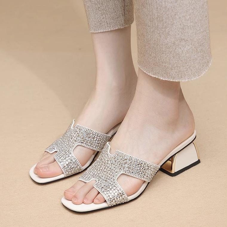

Fashion slippers wear high-end rhinestone sequins H drag 2025 new thick heel fairy style casual sandals 40