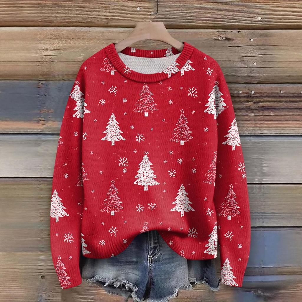 Long Sleeve Pullover Sweaters For Women O Neck Casual Cute Printing Knit Oversized Sweater