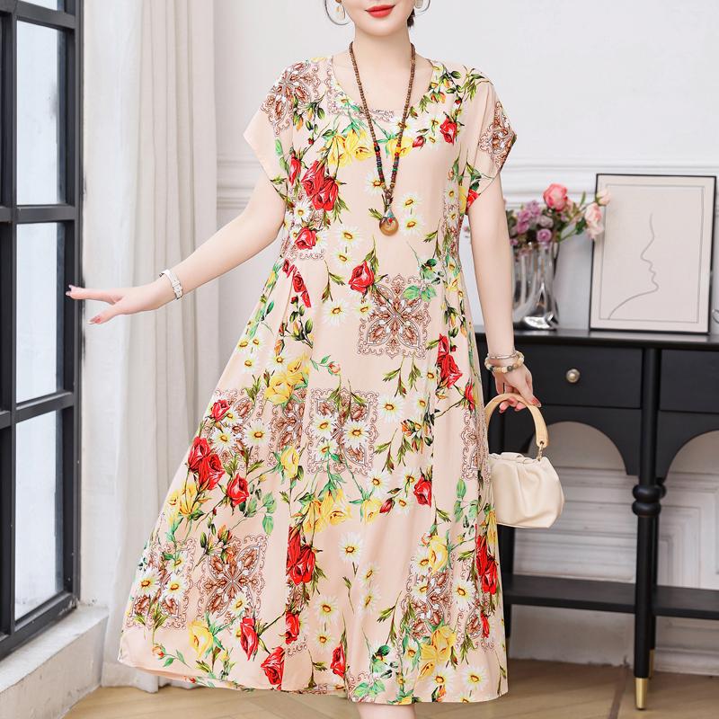 Plus Size Elegant Women Dresses Summer Vintage Clothes Short Sleeve Casual Long Dress