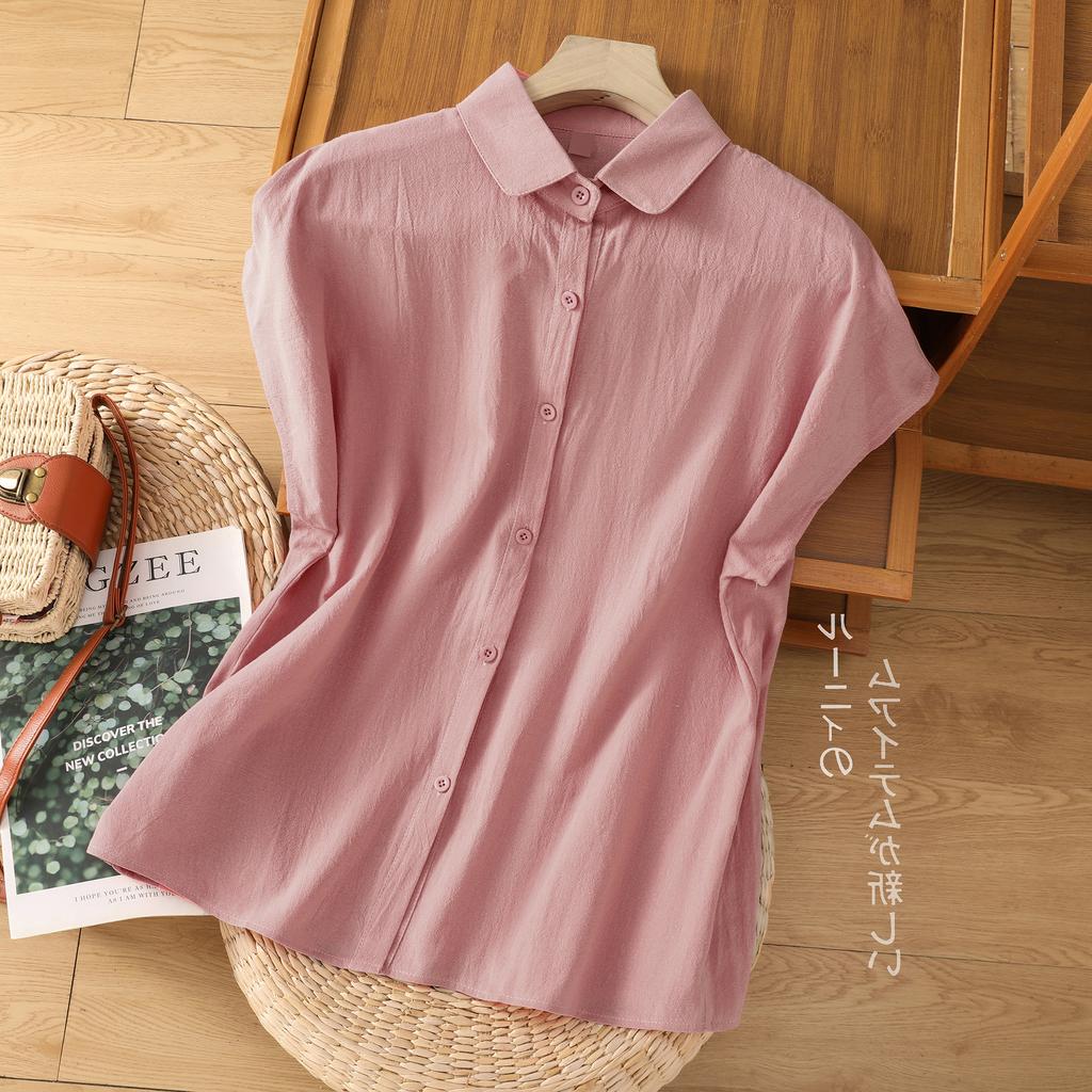 2025 Summer New Literary Cotton Solid Color Women's Shirt Loose Retro POLO Neck Small Flying Sleeve Cardigan Top