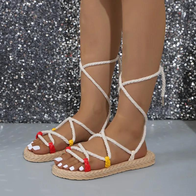 Women's Sandals Summer New Round Head Hollow Before Lacing Soft Soles Anti-slip Wear-resistant Flat Shoes