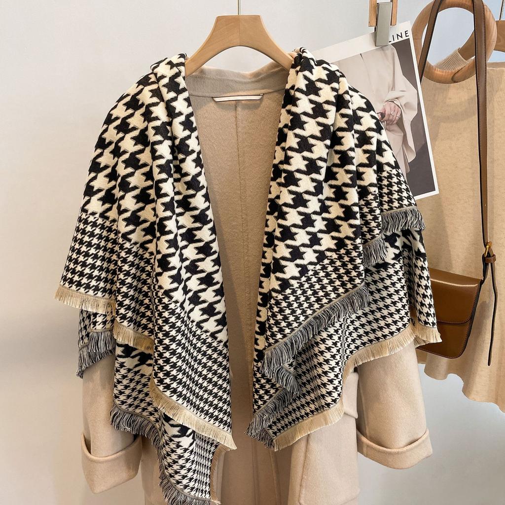 Swing And Winter Bird Grid Scarf Women'S Style Imitation Cashmere Scarf Thickened Air-Conditioned Room Warm Shawl Cape