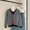 Women's V-Neck Wool Sweater - Faux Two-Piece, Color Block, Warm Layered Pullover for Autumn/Winter