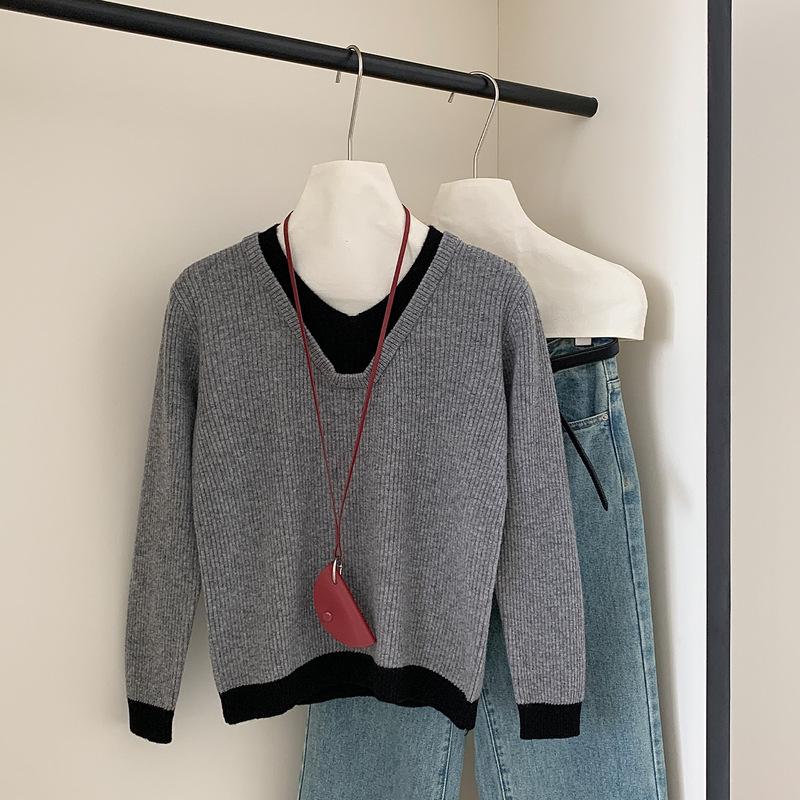Women's V-Neck Wool Sweater - Faux Two-Piece, Color Block, Warm Layered Pullover for Autumn/Winter