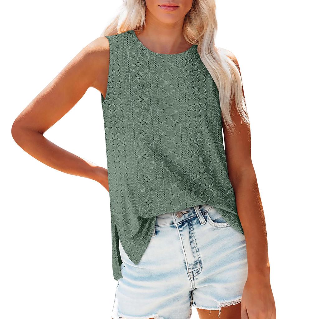 Women's Fashion Round Neck Sleeveless Slit Tank Top Solid Color Casual Top