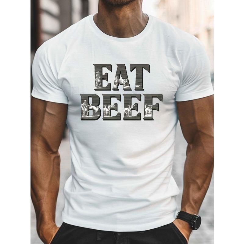 European sizes Men's Summer T-Shirt - EAT BEEF Graphic Print, Short Sleeve Casual Tee for Big & Tall Guys, Machine Washable