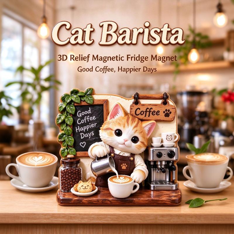 Cute 3D Embossed Cat Barista Fridge Magnet Strong Magnetic Back Vivid Details For Kitchen Decor Cat Lover Gifts
