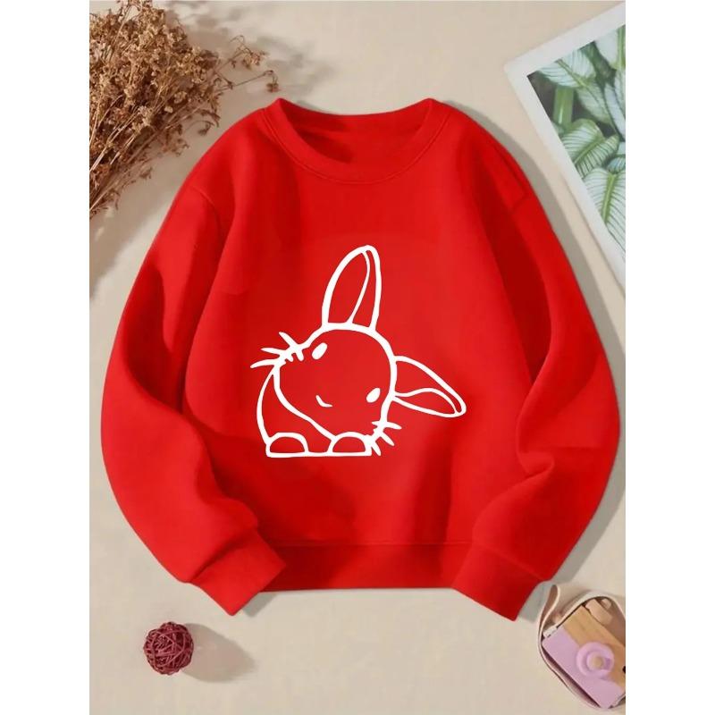 Kids Sweatshirt - White Bunny Outline On Black Background Machine Washable, Spring And Autumn, Sportswear And Casual Wear, Soft And Comfortable
