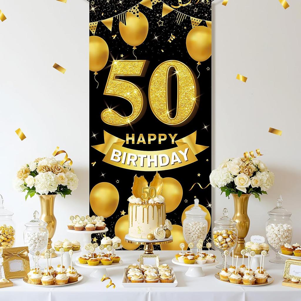 50th Birthday Decorations for Men & Women – Happy 50th Birthday Banner Backdrop, Fabric Yard Sign, Table Cloth, Photo Booth Props for Indoor