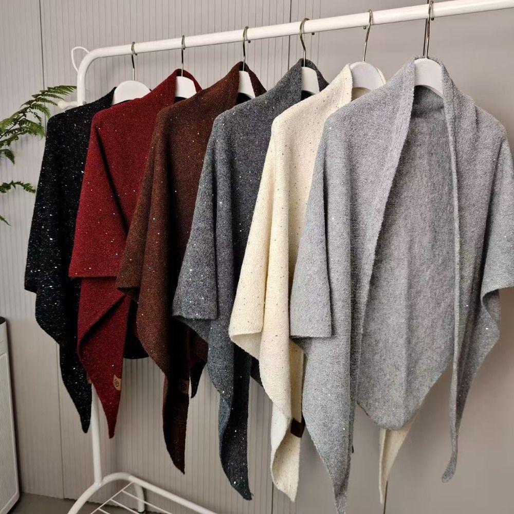 Winter Warm Woolen Shawl High End Mongolian Poncho Women Fashion Sequin Triangular Scarf