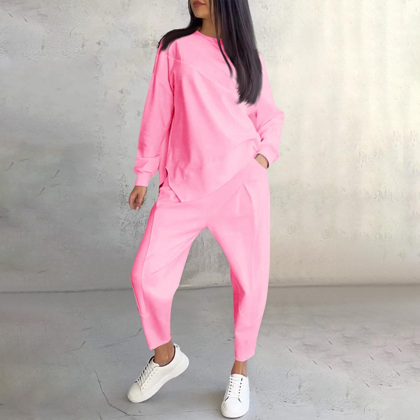 

Женская мода однотонный круглый вырез с длинными рукавами свободный асимметричный свитер комплект XL