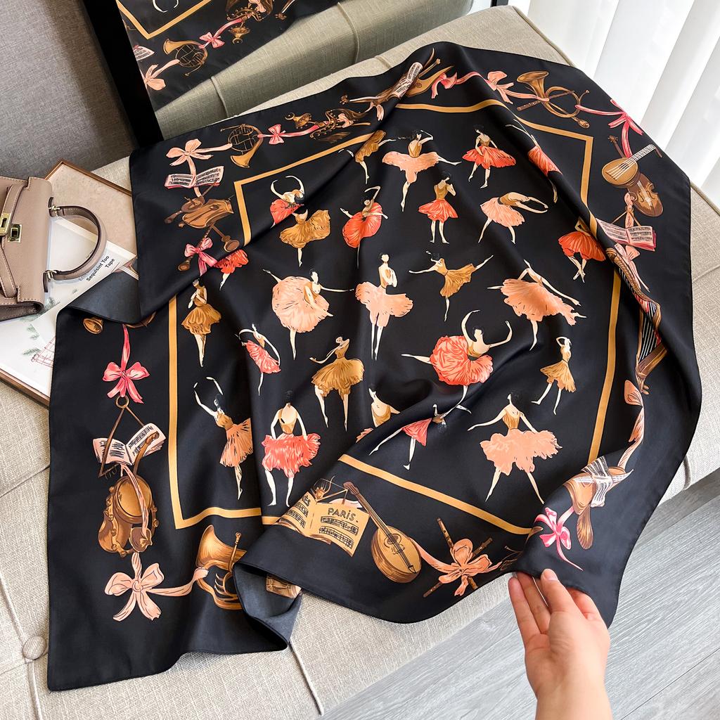 Fashion Luxury Printing 90*90Cm Women Scarf Satin Twill Square Big Shawl Elegant Headscarf Smooth Soft Neck Tie Bandana