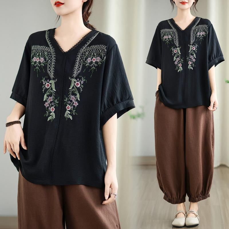 Dimanaf 2025 Summer Plus Size T-Shirt Floral Women Short Sleeve V-Neck Short Loose Tops Tees