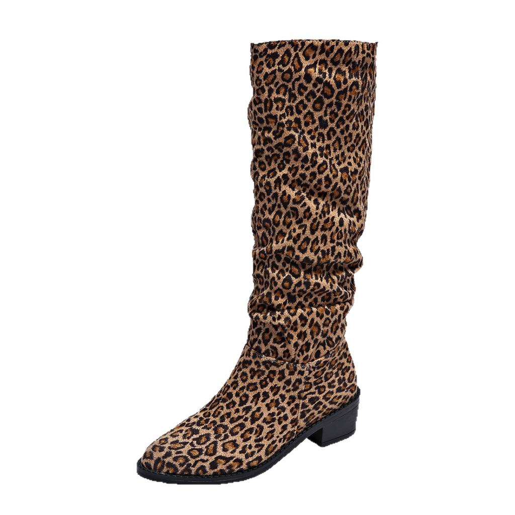 Autumn and Winter High Over Knee Boots Low Coarse Heel Round Head Skinny Black and Red Leopard Scrub Knight Boots