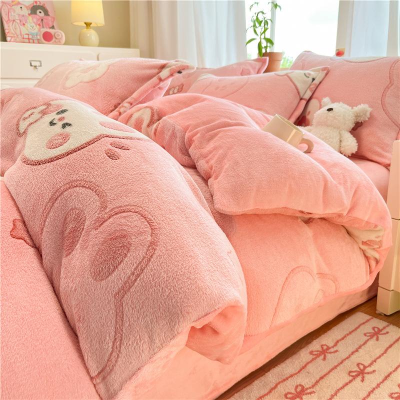 Snowflake Fleece Four-Piece Set, Thickened Milk Coral Fleece Quilt Cover, Double-Sided Fleece Quilt Cover, Bed Sheet, Bed Hat Three-Piece Set