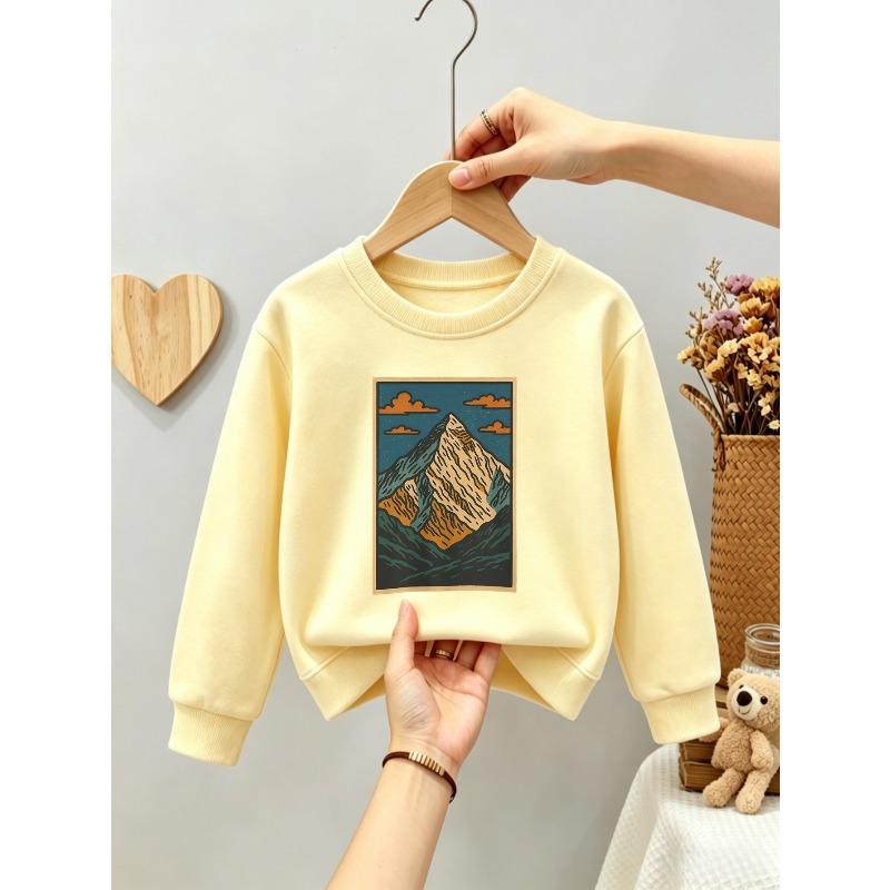 Kids Unisex Crewneck Sweatshirt, Vintage Woodcut Mountain Peak Landscape Print Light Gray Soft Fleece Pullover
