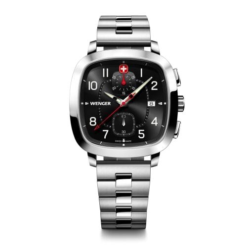 

WENGER VINTAGE SPORT CHRONO Men s Watch, Stainless Steel Case (316L), Black Dial, Silver Stainless Steel Bracelet, Quartz Movement, 50m Water Resistan