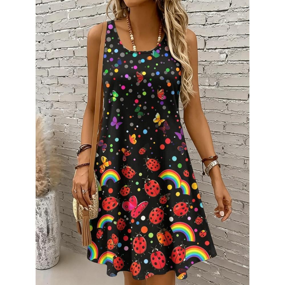 Women's Round Neck Sleeveless Tropical Parrot Print Casual Fun Tank Dresses for Spring Summer