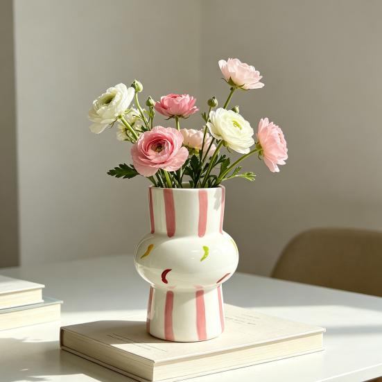 Ceramic Vase Hand Painted Striped Polka Dot Flower Vase Gourd Shape Vase for Fresh And Dried Flowers Home