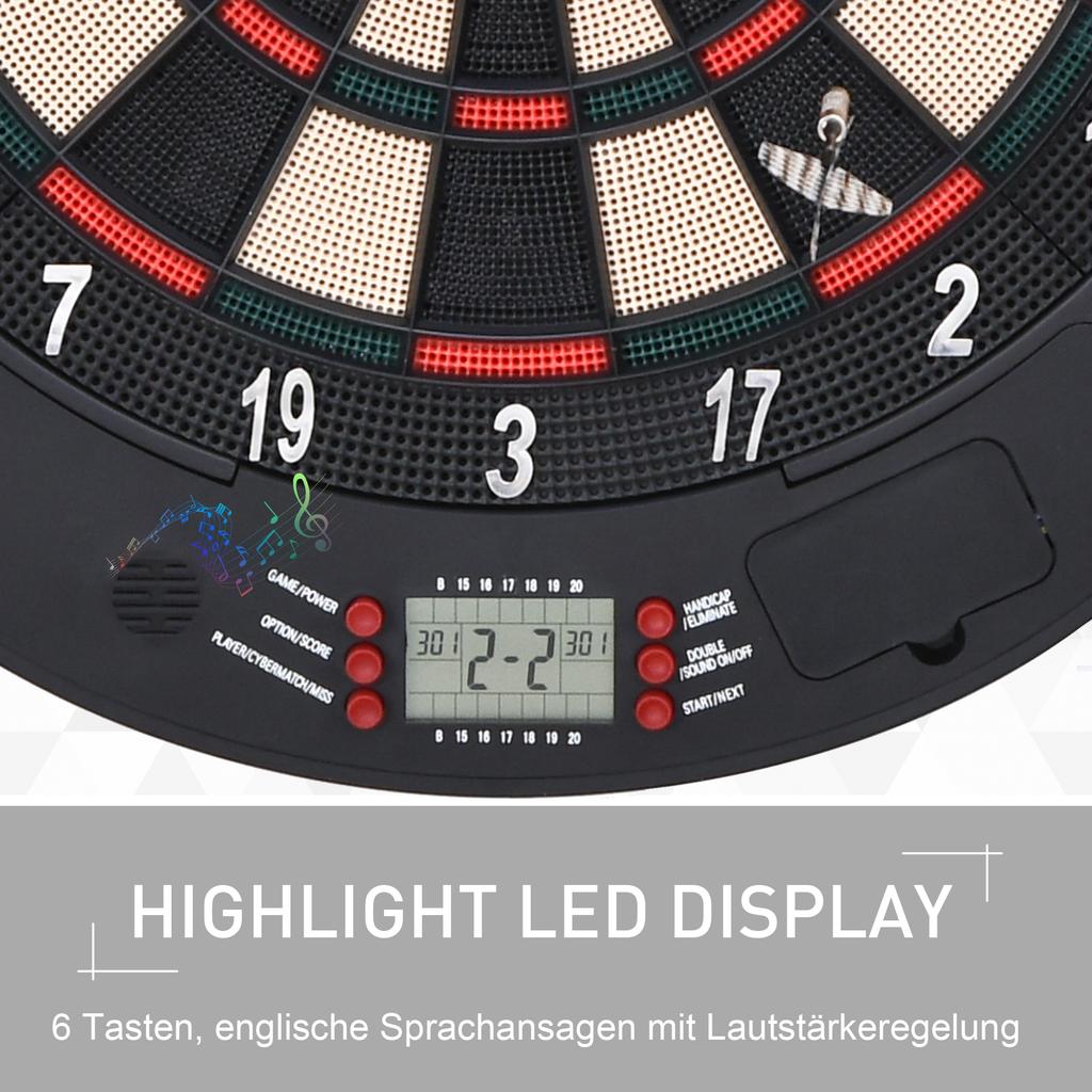 Electronic Dartboard with Voice Announcements English Voice LED Displays 6 Darts 26 Games 185 Variants Dart Machine with Door Dartboard Set for up to