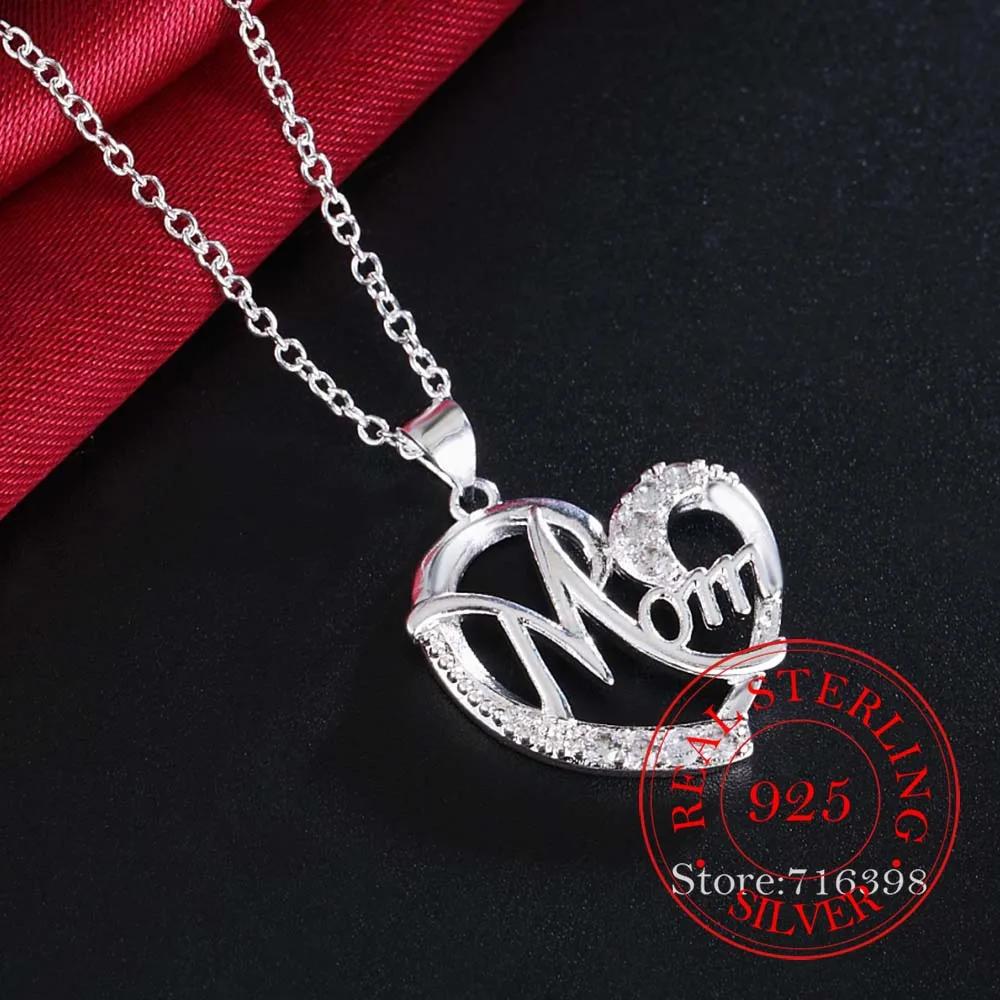 Letter Mom 925 Sterling Silver Fashion AAA Zirconia Crystal Charm Loves Heart Necklace & Pendant Women Mother's Day Gift For Mum