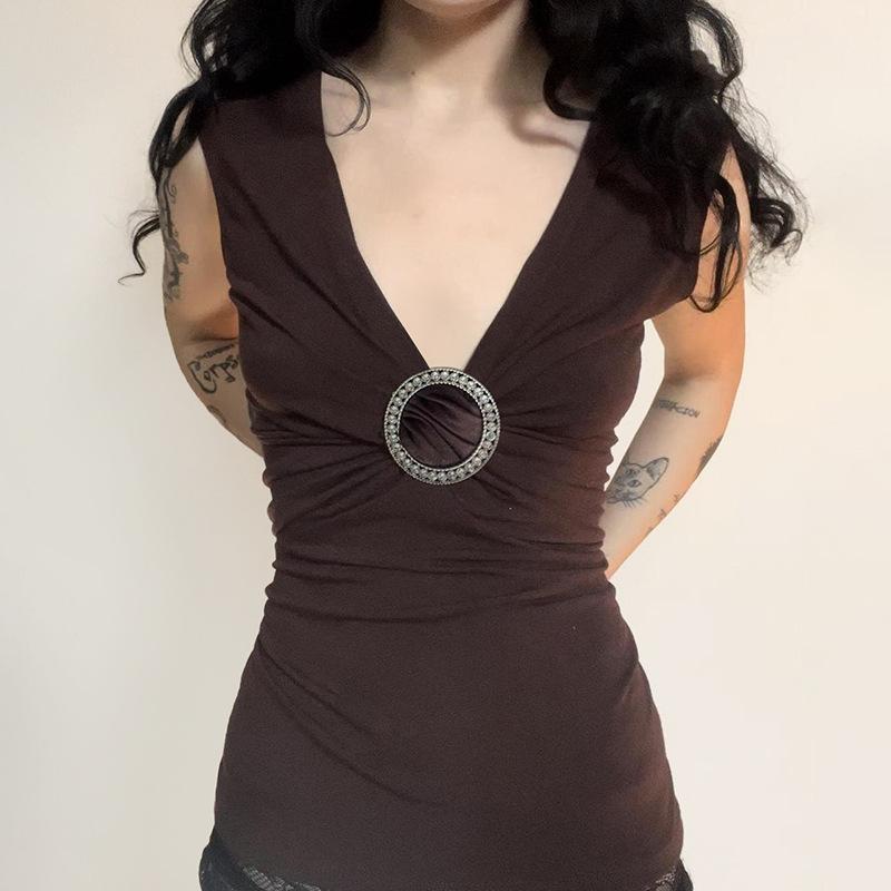 

Vintage Bottoming Shirt V-neck Gem Ring Decoration Waist Slim Knitted Vest Wind Spice Girl Top S