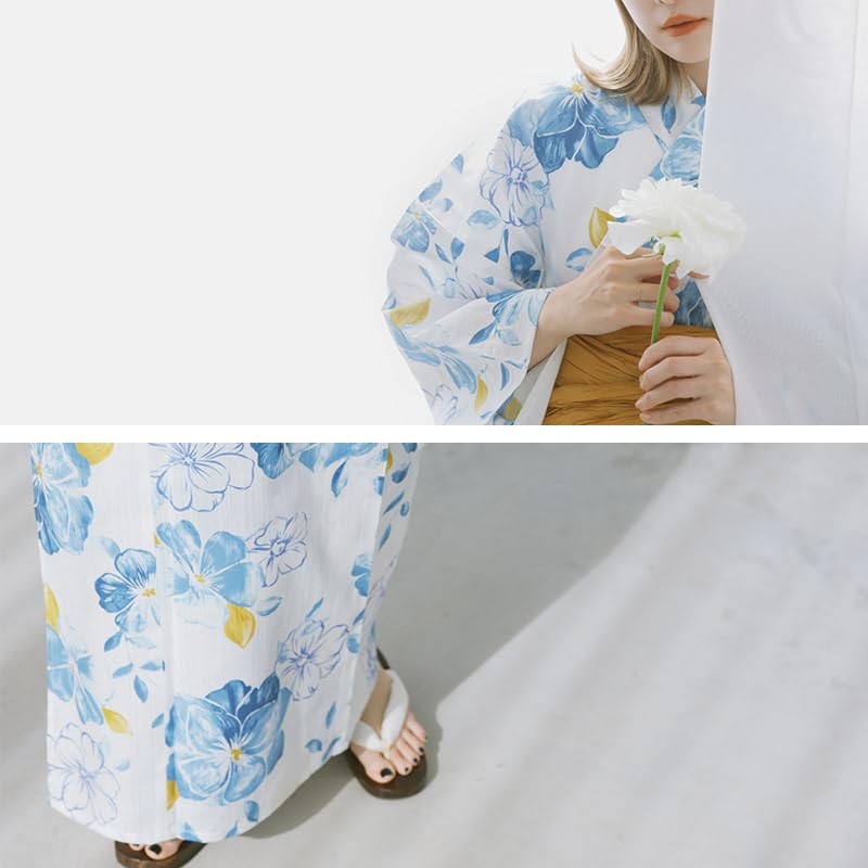 Dita Yukata Set with Obi In Light and Features a Watercolor and Transparent Floral Elegant and Easy To Dress No Hana Free Women's 5-Piece (Heko) Blue,