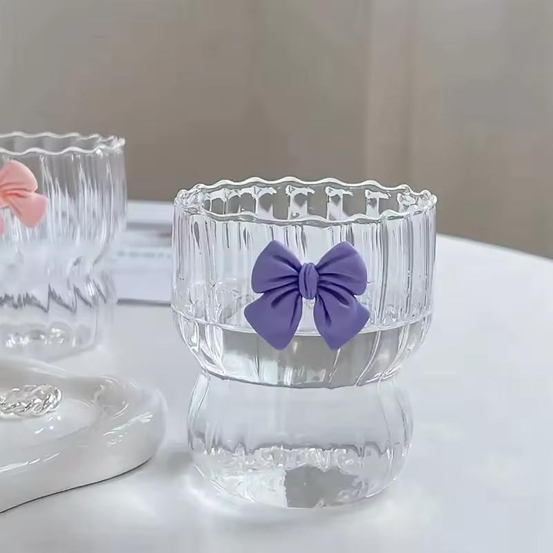300ml Cute Bow Glass Cup Clear Striped Water Cups Bow-knot Coffee Drinking Mug Household Fruit Tea Juice Glassware Girls Gift