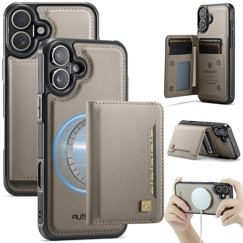 For iPhone 16 Plus Case AUTSPACE A13 Vintage Leather Back Cover with Magnetic Detachable Card Bag