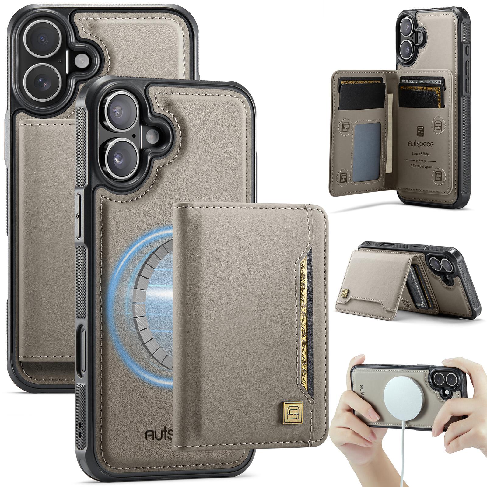 

Для iPhone 16 Чехол AUTSPACE A13 Винтажная Кожаная Задняя Крышка со Съемным Магнитным Карманом для Карт Grey
