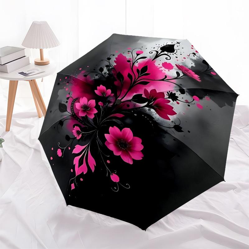 1pc Floral Abstract Dark Automatic Folding Umbrella - Design, Durable Iron Frame for Travel, Outdoor, Beach Fashion Accessory a0920010