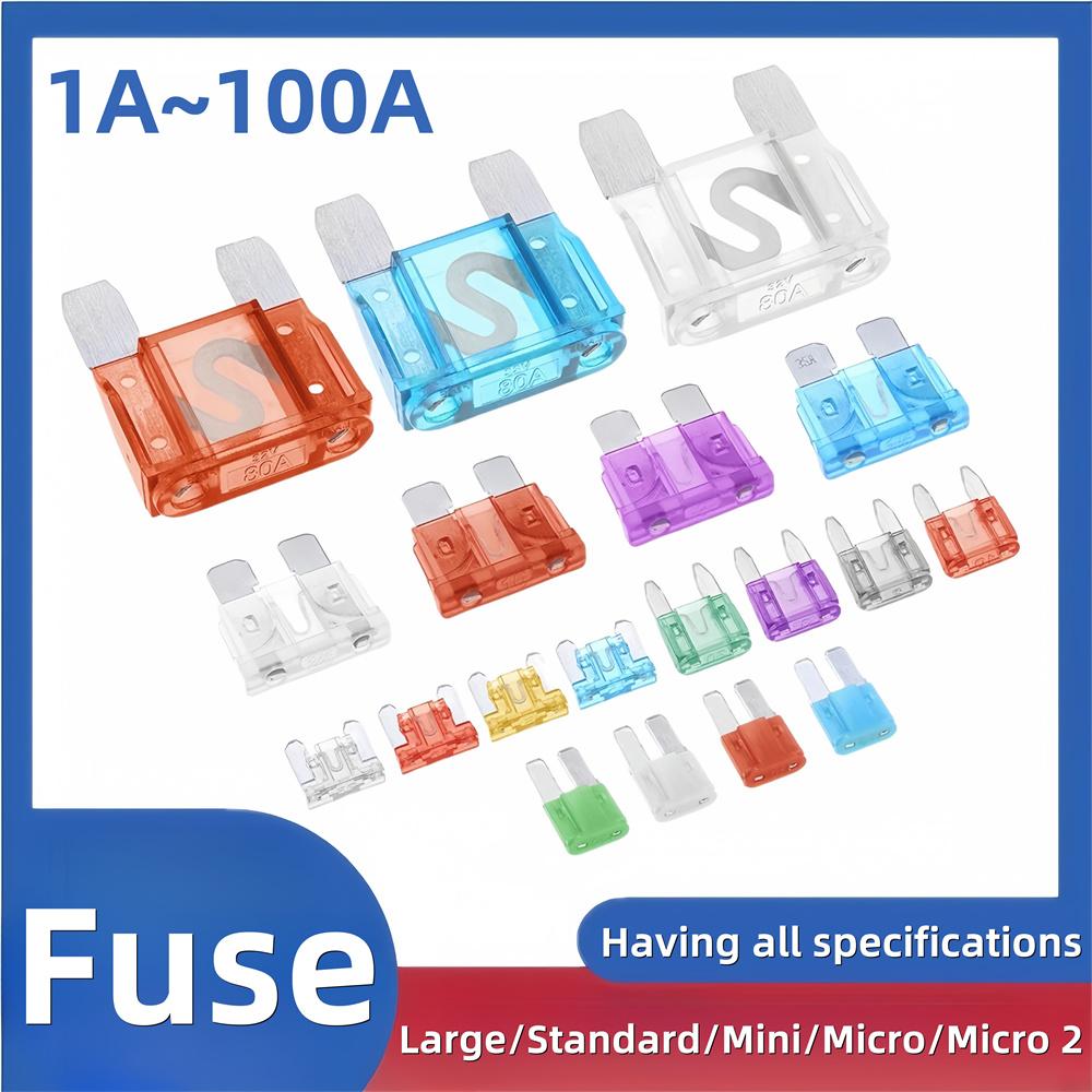 10pcs 32V Mini Micro Medium Large Fuse Safety 1A 2A 3A 4A 5A 7.5A 10A 15A 20A 25A 30A 35A 40A 50A 60A 70A 80A 100A Insert Fuses Fuse Holders1