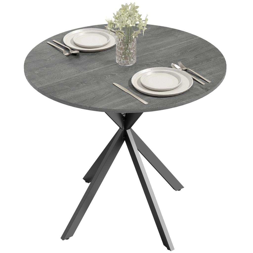 Round Dining Table for 2 People with Wood-Look Top and Crossed Steel Base, Gray