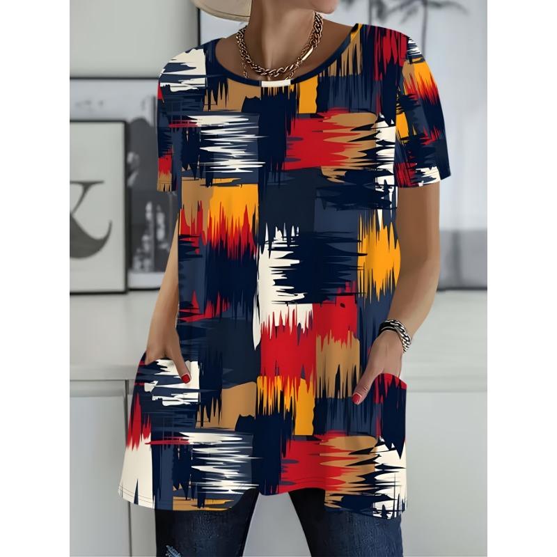 Women's Vintage Color Block T-Shirt Short Sleeve Crew Neck Blouse Brushstroke Plaid Print Top with Pockets