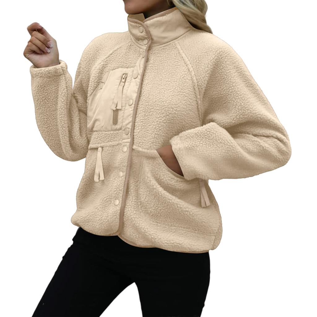 Damen Stehkragen Fleecejacke Knopfleiste Lässige Oberbekleidung Langarm Leichtes Sportliches Oberteil mit Tasche