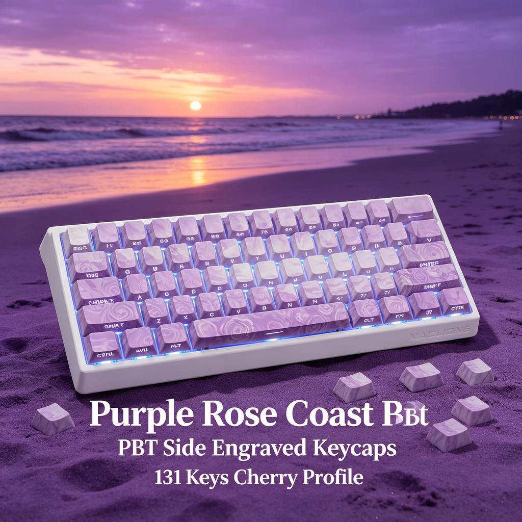 Purple Rose Coast Theme PBT Dye-Sub Keycaps, 131 Keys Side Engraved, Cherry Profile MX Compatible, Multi-Layout Mechanical Part