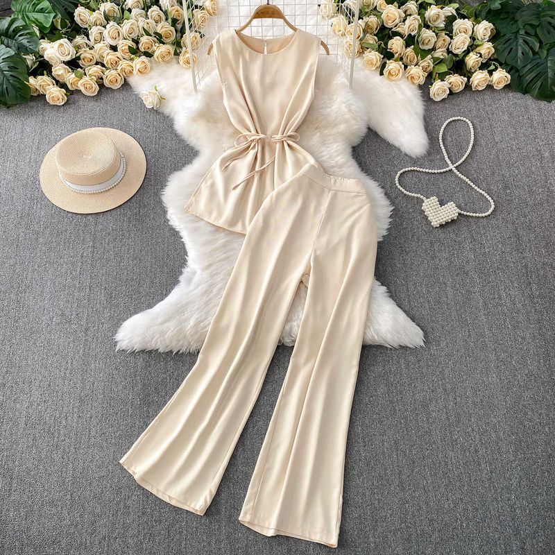 

2025 Summer Elegant Sleeveless round Neck Vest Waist Hugging Slimming Top + Suit High Waist Wide Leg Trousers Two-piece Set Light Beige One size